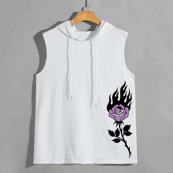 

Men Fire & Rose Print Tank Top, White