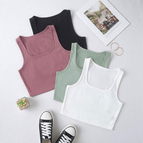 

4 Pack Solid Scoop Neck Tank Top, Multicolor