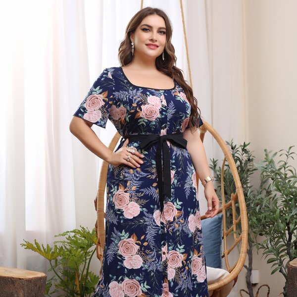 

Plus Allover Floral Print A-line Dress With Belt, Multicolor