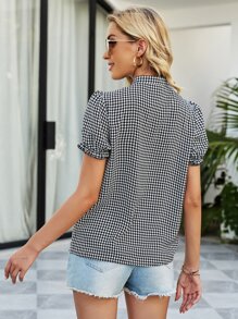 SHEIN Clasi Houndstooth Puff Sleeve Blouse - Black and White - View 2