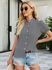 SHEIN Clasi Houndstooth Puff Sleeve Blouse - Black and White - View 3