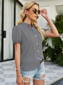 SHEIN Clasi Houndstooth Puff Sleeve Blouse - Black and White - View 5