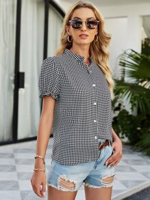 SHEIN Clasi Houndstooth Puff Sleeve Blouse - Black and White - View 6