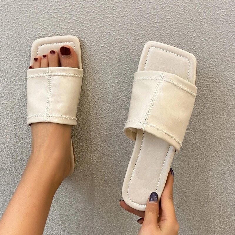 

Wide Band Slide Sandals, Beige