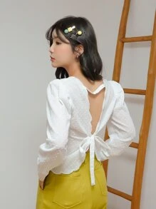 DAZY Top de espalda abierta con cordón de lunares - Blanco - Ver 2