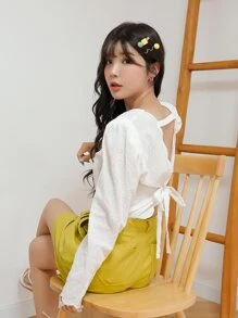 DAZY Top de espalda abierta con cordón de lunares - Blanco - Ver 5