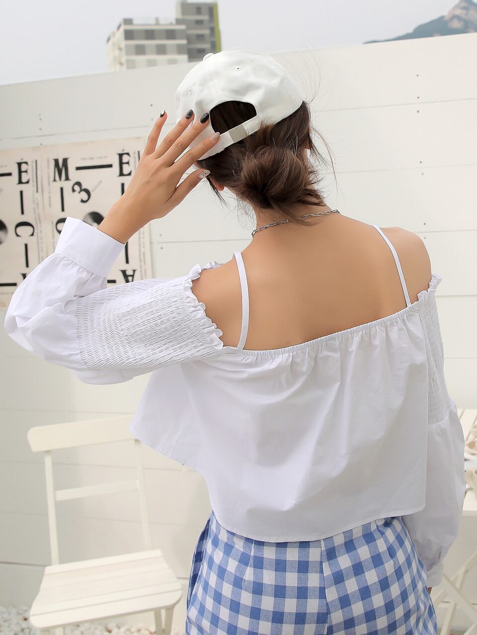 Cold Shoulder Shirred Sleeve Blouse