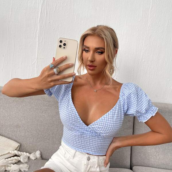 

Gingham Print Ruff Sleeve Top, Blue and white
