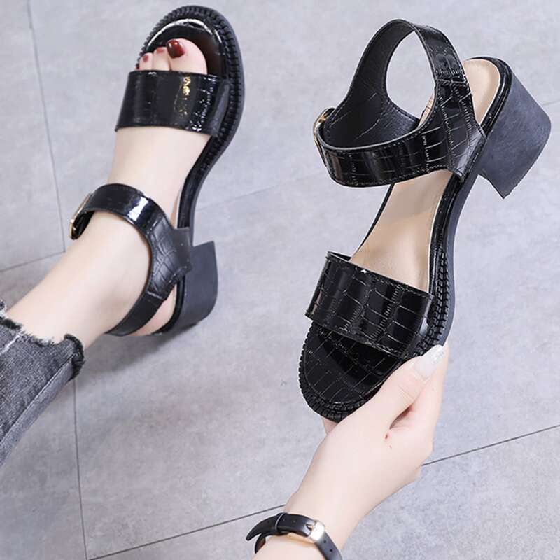 

Croc Embossed Chunky Heeled Sandals, Black