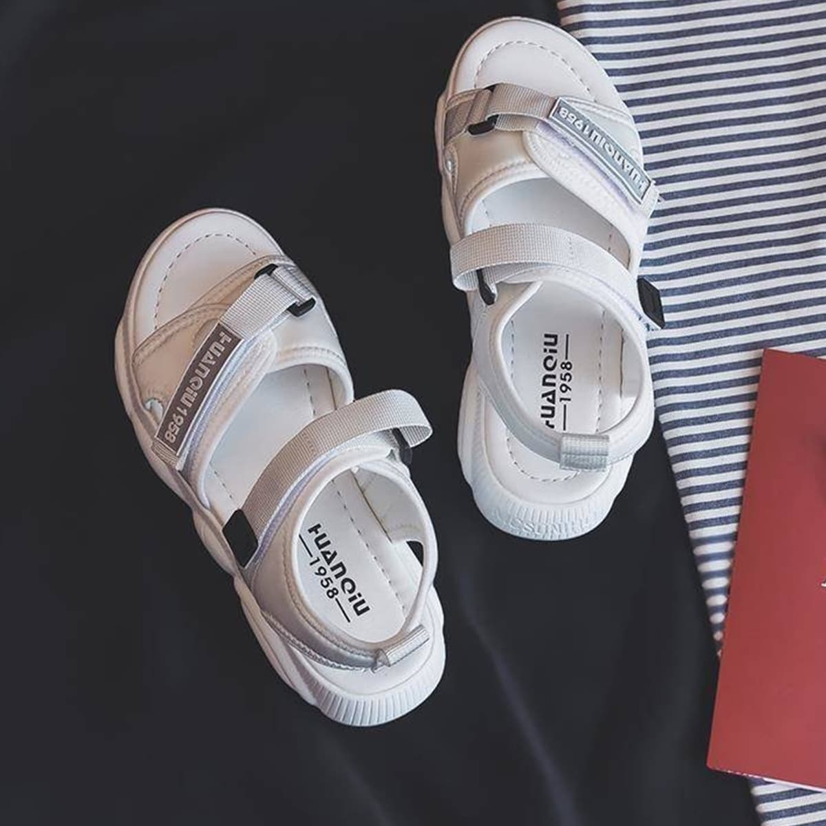 

Letter Velcro Strap Sport Sandals, White