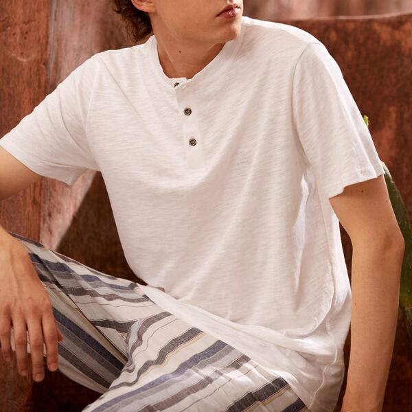

Men 100% COTTON Button Half Placket Tee, White