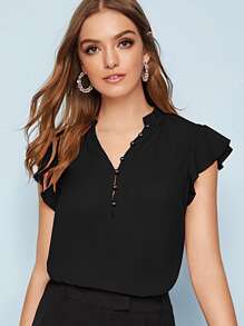 Chiquease Solid Covered Button Butterfly Sleeve Blouse - Black - View 1