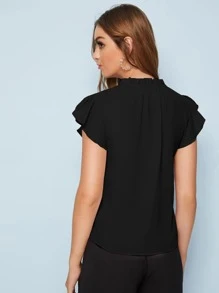 Chiquease Solid Covered Button Butterfly Sleeve Blouse - Black - View 2