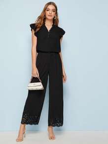 Chiquease Solid Covered Button Butterfly Sleeve Blouse - Black - View 3