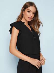 Chiquease Solid Covered Button Butterfly Sleeve Blouse - Black - View 4