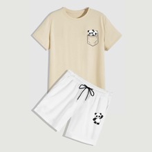 Guys Cartoon Panda Print Tee With Track Shorts