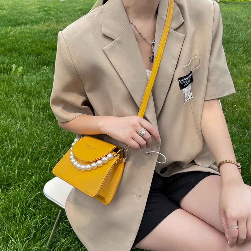 

Faux Pearl Beaded Satchel Bag, Yellow