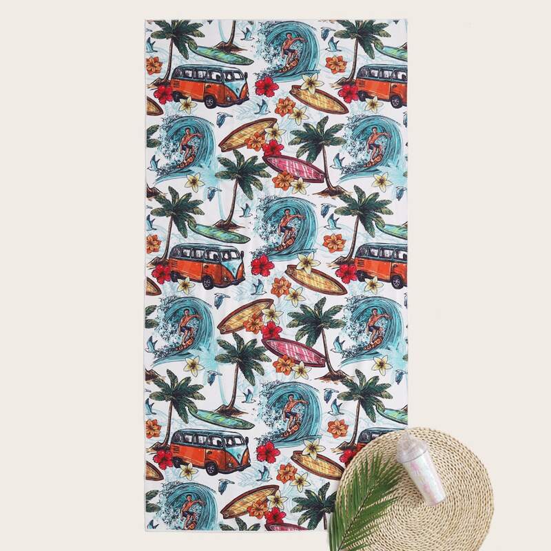 

Tropical & Surfing Print Beach Blanket, Multicolor