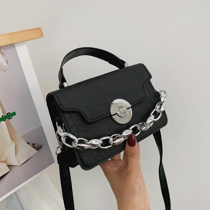 

Croc Embossed Satchel Bag, Black