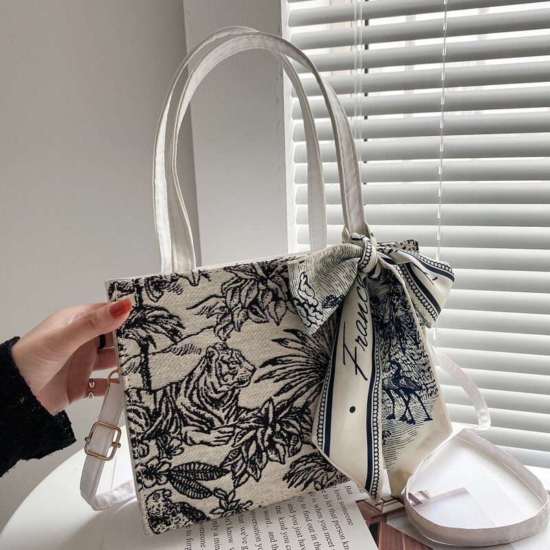 

Scarf Decor Graphic Shoulder Bag, White