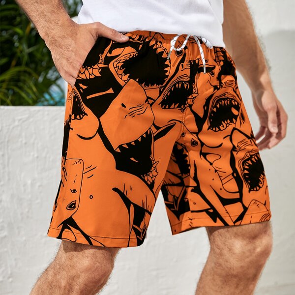 

Men Random Shark Print Drawstring Swim Trunks, Orange