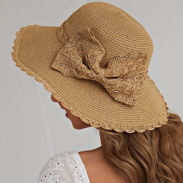 

Bow Knot Decor Straw Hat, Khaki