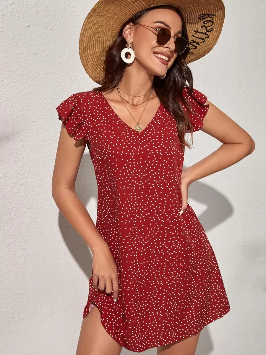 SHEIN VCAY 波卡圓點V領荷葉邊洋裝 - 酒紅色 - 查看 1