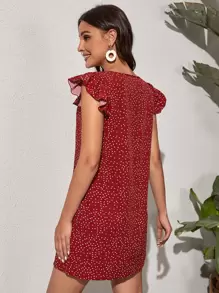 SHEIN VCAY 波卡圓點V領荷葉邊洋裝 - 酒紅色 - 查看 2