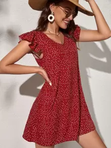 SHEIN VCAY 波卡圓點V領荷葉邊洋裝 - 酒紅色 - 查看 3