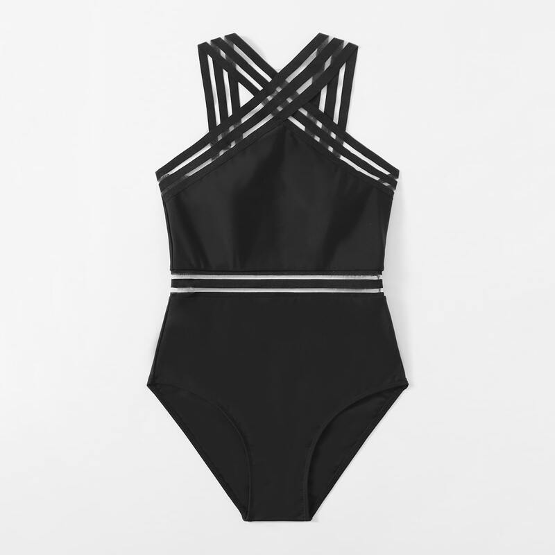 

Striped Print One Piece Swimsuit, Black