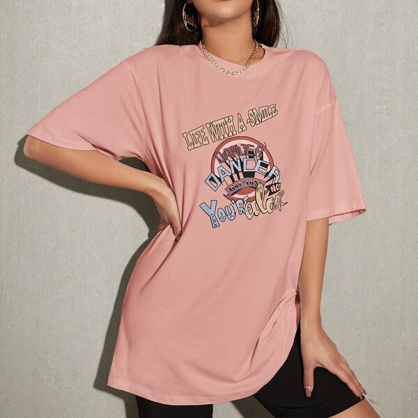 

Drop Shoulder Letter Graphic Long Tee, Pink