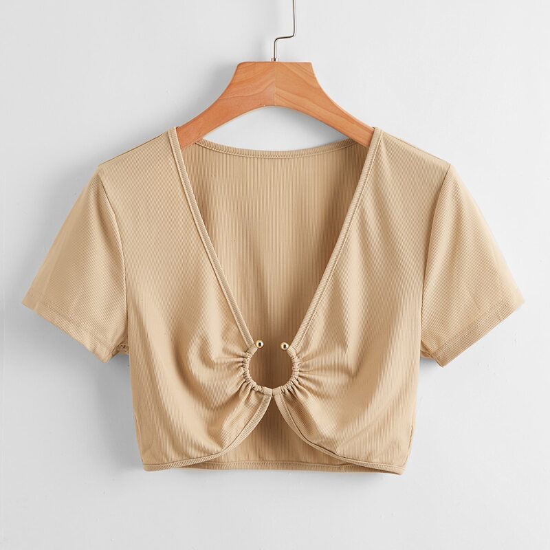 

Solid Ring Decor Ribbed Crop Tee, Khaki
