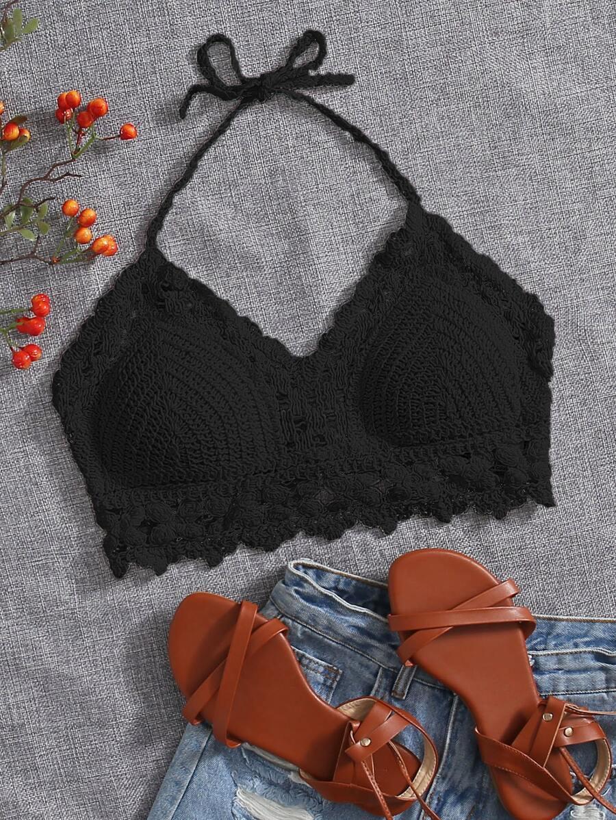 SHEIN Swim Summer Beach Tie Back Halter Bikini Top - Black - View 1