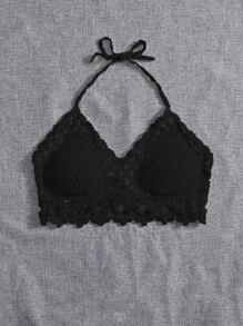 SHEIN Swim Summer Beach Tie Back Halter Bikini Top - Black - View 4