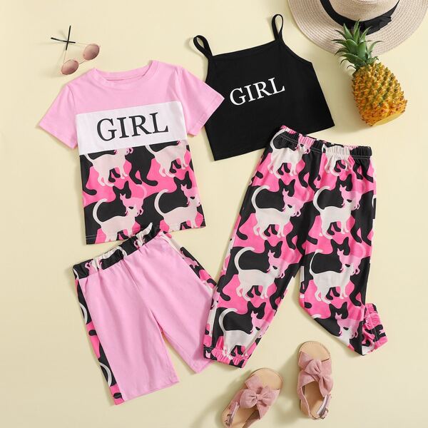 

Toddler Girls Cat Print 1 Tee With 1 Track Shorts, Multicolor