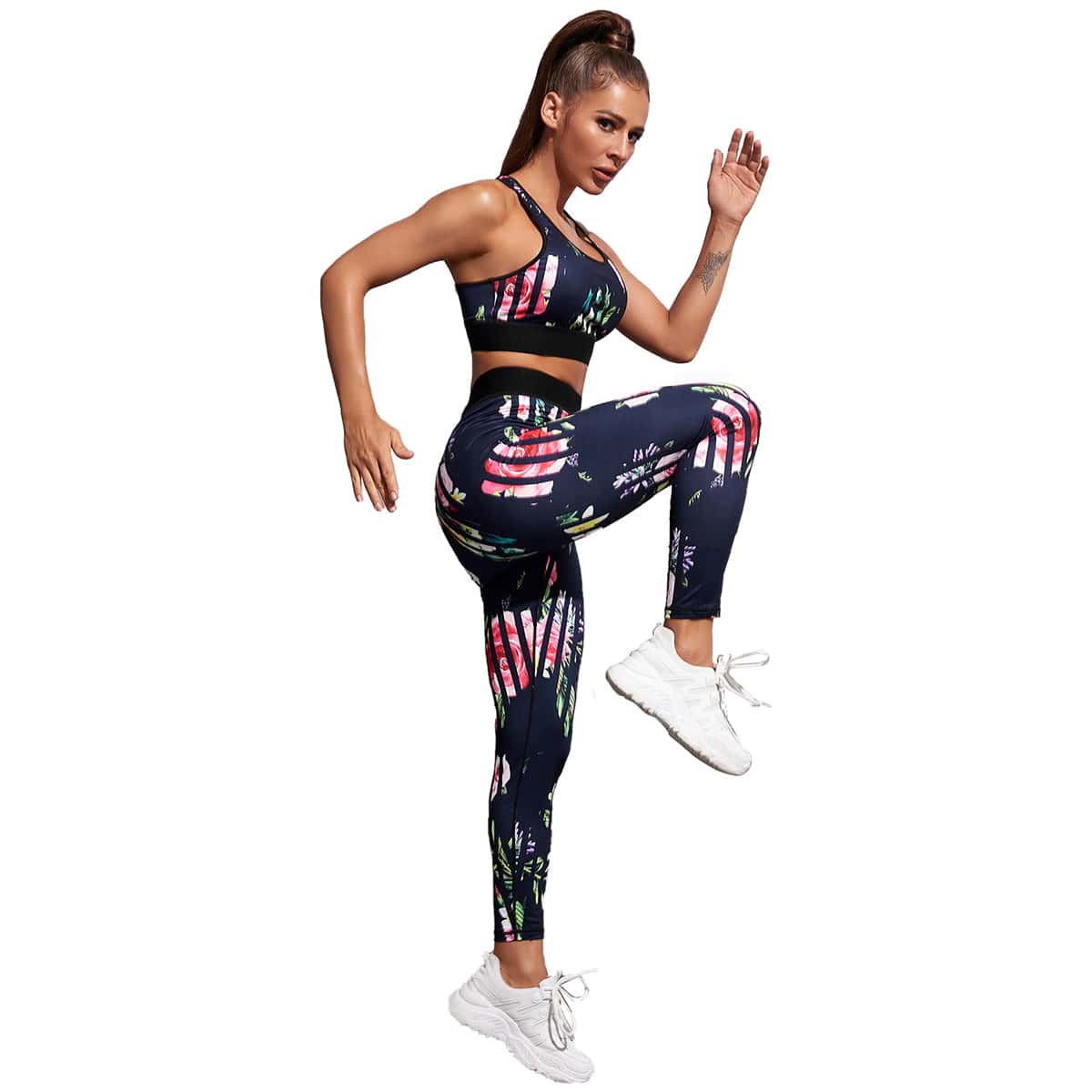 

Racer Back Floral Print Striped Sports Set, Multicolor