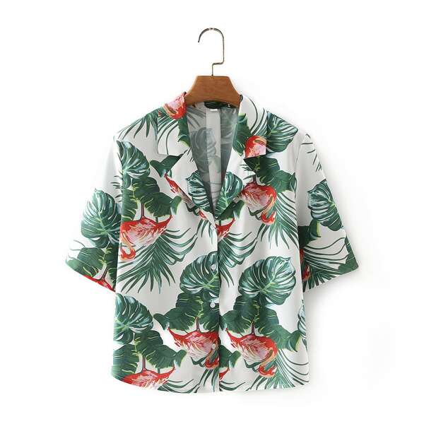 

Tropical Print Plicated Back Blouse, Multicolor