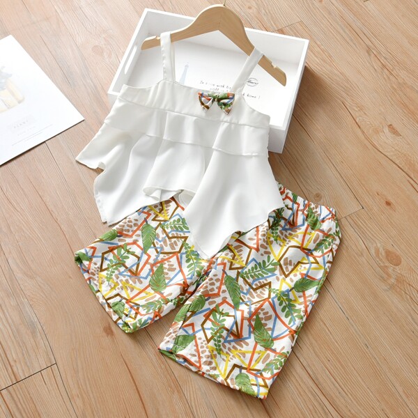 

Toddler Girls Bow Front Hanky Hem Cami Top With Shorts, Multicolor