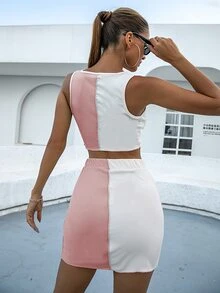 鏈條細節鏤空雙色背心短版上衣和半身裙套裝 - 藕粉色 - 查看 2