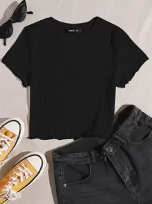 SHEIN EZwear Plus Lettuce Trim Rib-knit Tee - Black - View 1