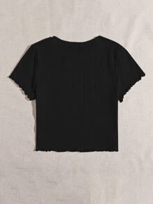 SHEIN EZwear Plus Lettuce Trim Rib-knit Tee - Black - View 2