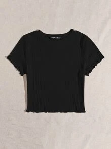 SHEIN EZwear Plus Lettuce Trim Rib-knit Tee - Black - View 4