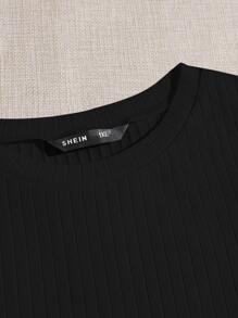 SHEIN EZwear Plus Lettuce Trim Rib-knit Tee - Black - View 5