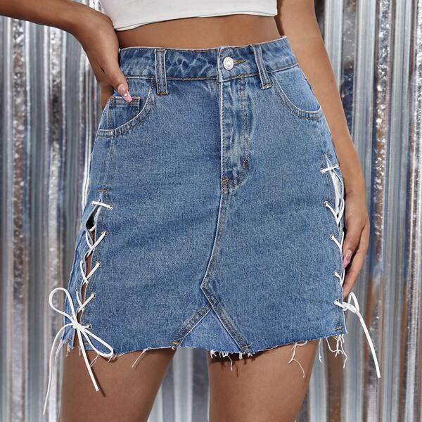

Zipper Fly Lace Up Detail Denim Skirt, Medium wash