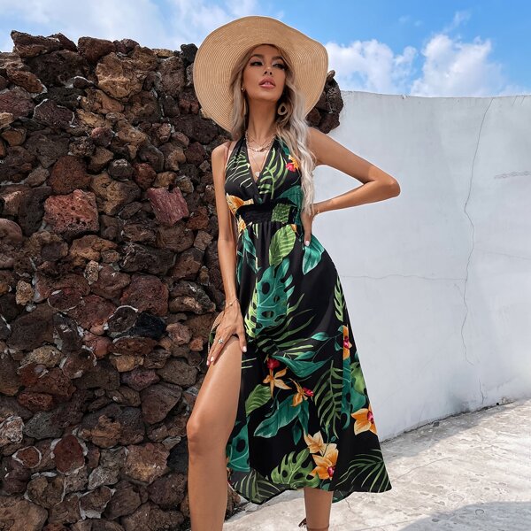 

Tropical Print Split Thigh Halter Dress, Multicolor