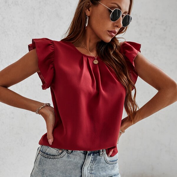 

Pleated Detail Butterfly Sleeve Blouse, Burgundy