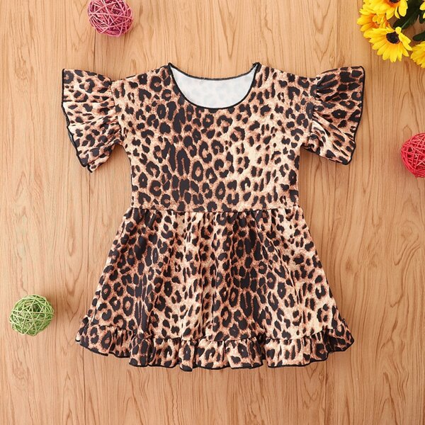 

Toddler Girls Leopard Print Flounce Sleeve Ruffle Hem Dress, Multicolor