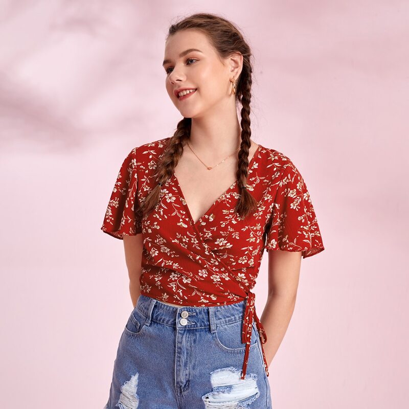 

Ditsy Floral Wrap Blouse, Red