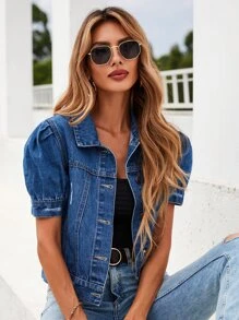 泡泡袖紐扣開襟牛仔夾克 - 中等水洗藍 - 查看 7