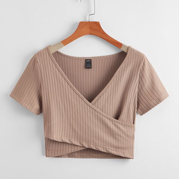 

Solid Plunging Neck Crop Tee, Khaki